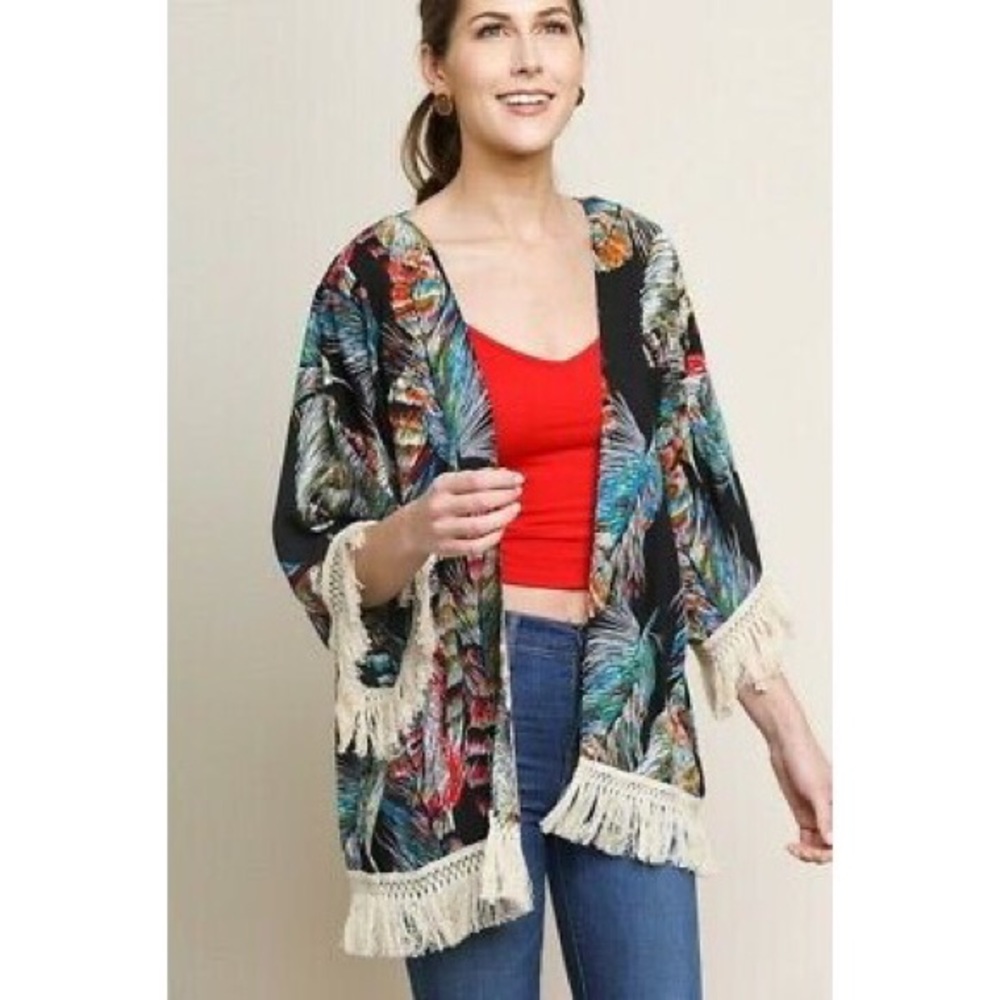 Feathered Print Open Front Kimono with Fringe Trim